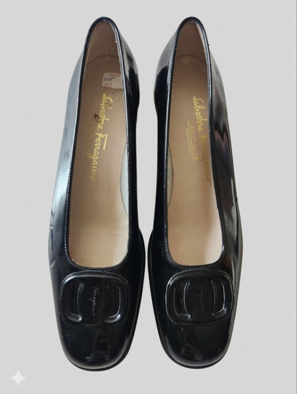 Salvatore Ferragamo Black Patent Leather Low Block Heel Loafers 8.5